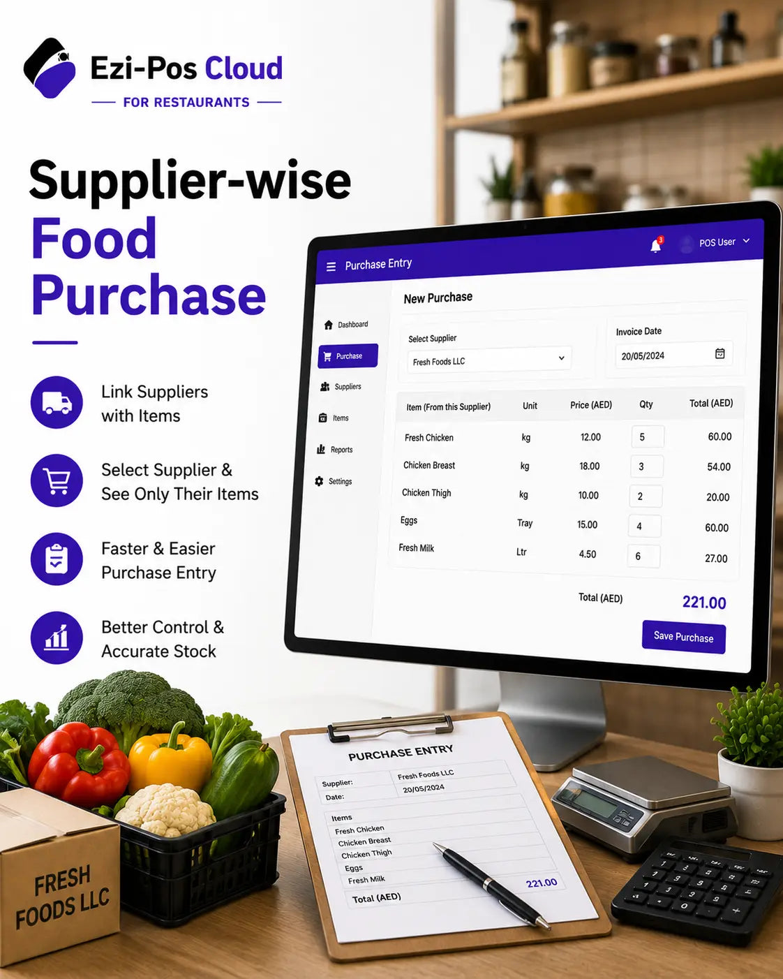 Supplier-wise Food Purchase System for Restaurants Ezi-Pos Cloud